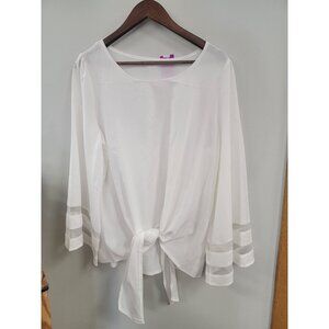 Womens White Sheer Sleeve Tie-Front Blouse large